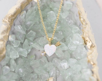 High Quality Mini Opal Heart Necklace • Heart Necklace • Opal Heart Pendant • Minimalist Necklace • Heart & Arrow Necklace • Cupid Necklace