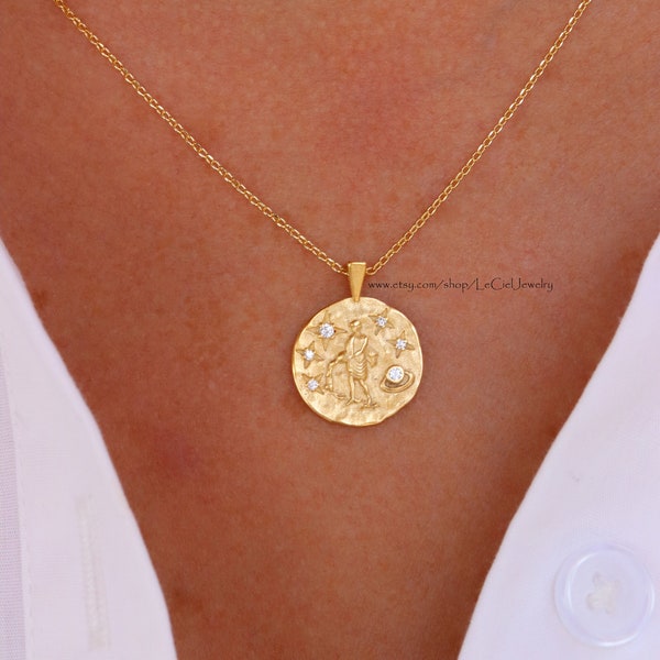 Aquarius Zodiac Necklace • 18K Gold Dipped Coin Cubic Zirconia Pave Aquarius Necklace • Astrology Jewelry • Gift For Her • Birthday Gift