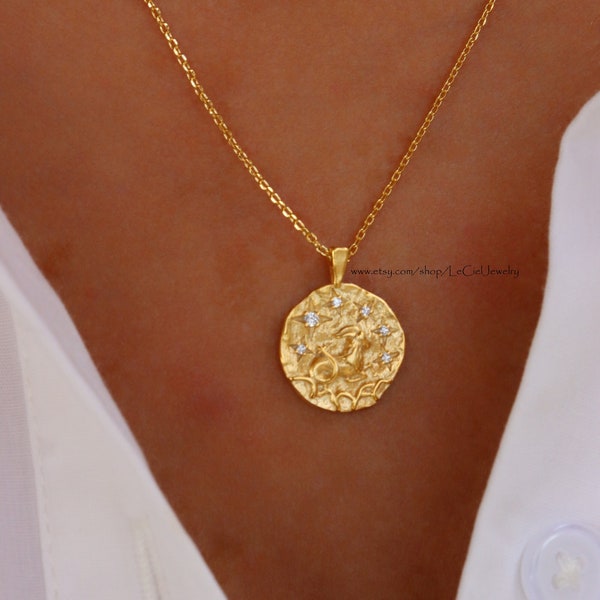 Capricorn Zodiac Necklace • 18K Gold Dipped Coin Cubic Zirconia Pave Capricorn Necklace • Astrology Jewelry • Gift For Her • Birthday Gift