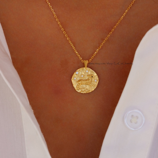 Aries Zodiac Necklace • 18K Gold Dipped Coin Cubic Zirconia Pave Aries Necklace • Astrology Jewelry • Gift For Her • Birthday Gift