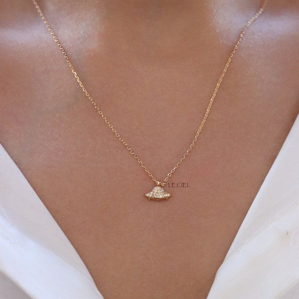 18K Gold Dipped UFO Pendant Necklace • Extraterrestrial Charm Jewelry • Dainty Necklace • Bridesmaid Gift • Gift for Her