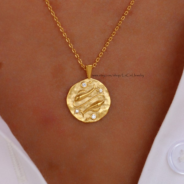 Pisces Zodiac Necklace • 18K Gold Dipped Coin Cubic Zirconia Pave Pisces Necklace • Astrology Jewelry • Gift For Her • Birthday Gift