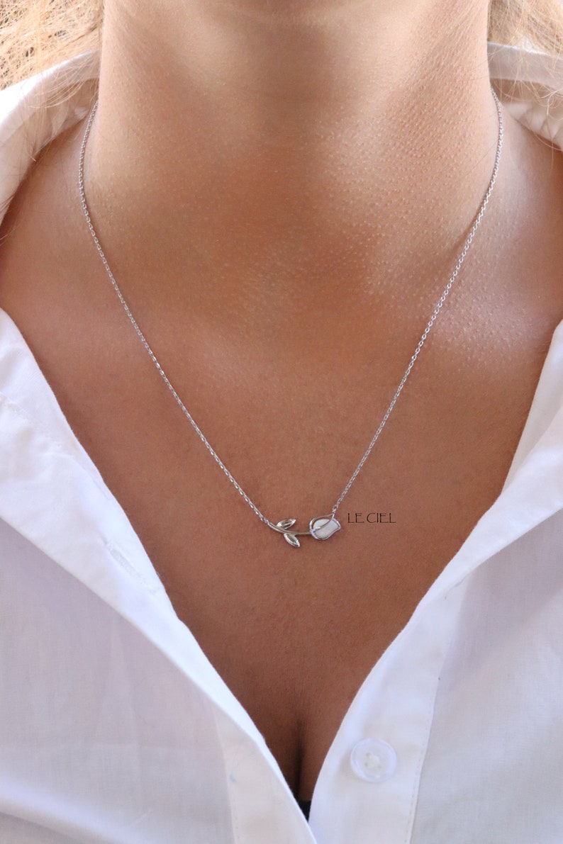 High Quality 18K Tulip Necklace White Opal Tulip Pendant Necklace Flower Necklace Tulip Necklace Bridesmaid Gift Gift For Her image 2