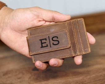 Personalized Leather RFID Money Clip Wallet, Engraved Slim Wallet