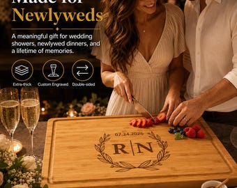 Name and Monogram Engraved Wedding Gift, Personalized Bamboo Cutting Board, Charcuterie Board, Anniversary Gift, Housewarming Present