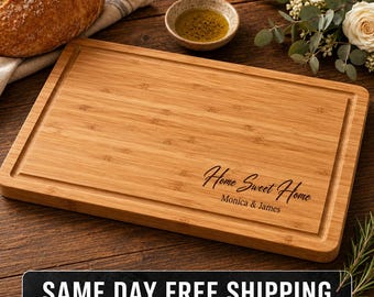 Personalized Name and Monogram Engraved Wedding Gift, Bamboo Cutting Board, Charcuterie Board, Anniversary Gift, Housewarming Present
