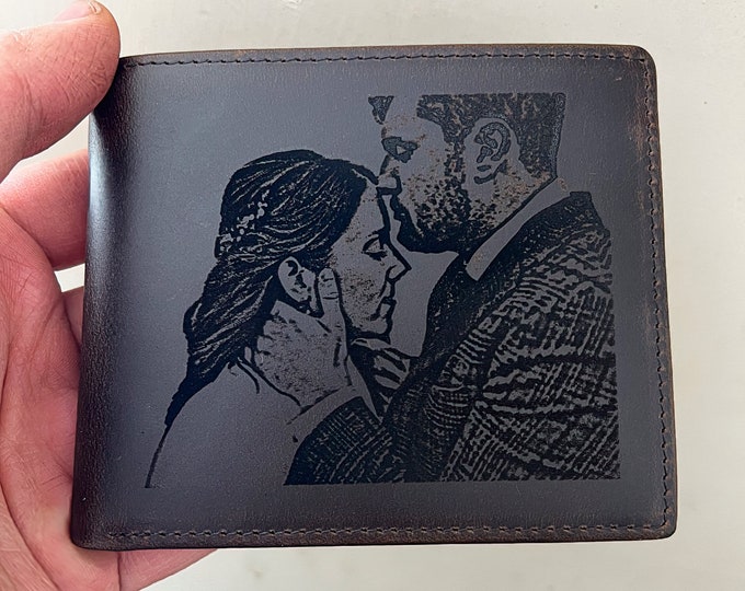 Custom Wedding Photo Engraved Personalized Leather RFID Wallet Engraved With Initials Genuine Leather Custom Wallet Anniversary Gift For Him