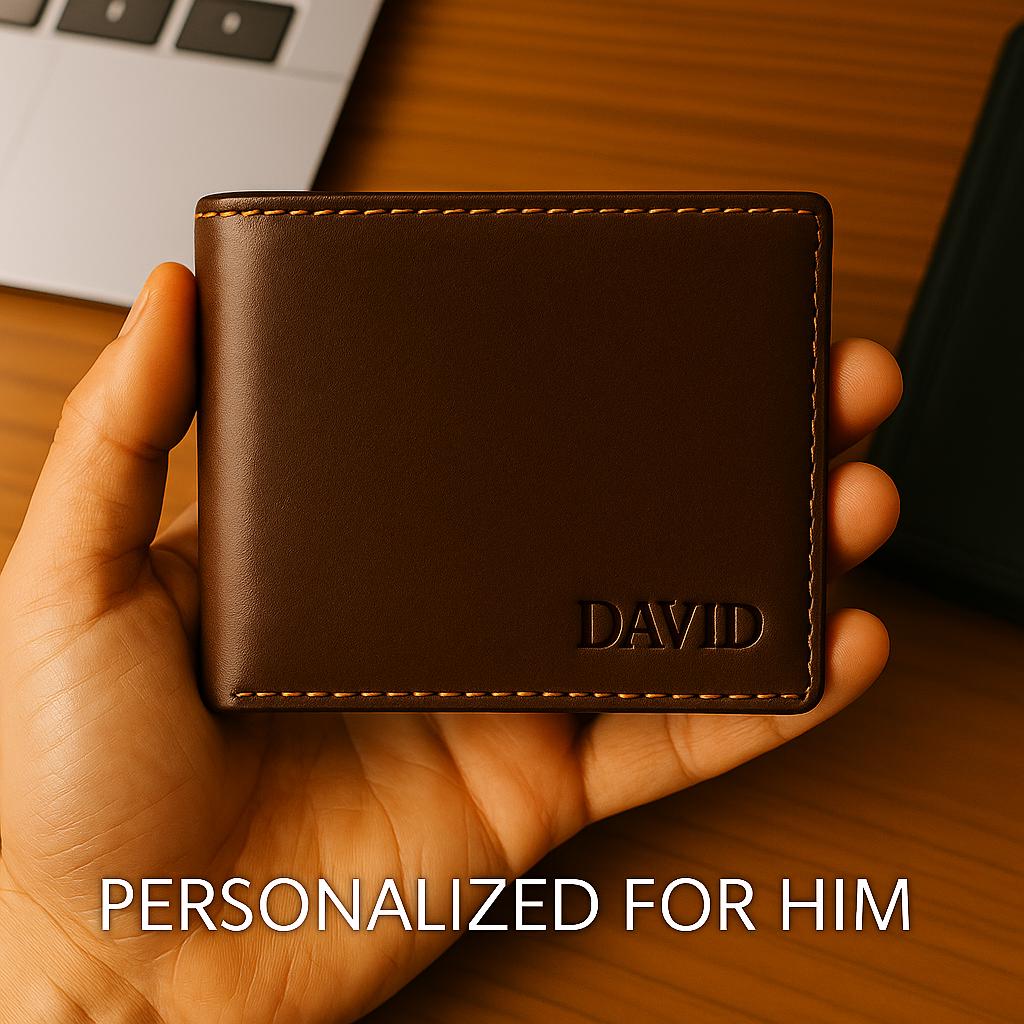 Men's Personalized Name Leather Wallet - Brown, Vegan Faux Leather, Multiple Slots - View #10