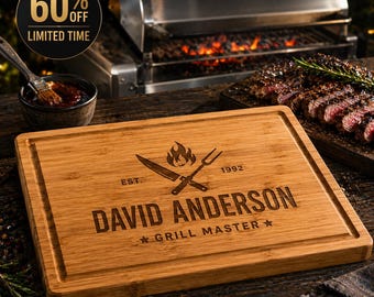 Personalized Bamboo Cutting Board, First Fathers Day Custom Engraved BBQ Grill Master Gift
