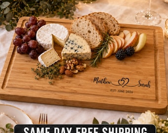 Name and Monogram Engraved Wedding Gift, Personalized Bamboo Cutting Board, Charcuterie Board, Anniversary Gift, Housewarming Present