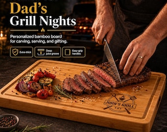 First Father's Day Personalized Cutting Board, Custom Engraved Bamboo BBQ Board for Dad, Grandpa or Husband, Charcuterie Wooden Board