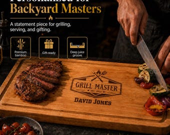 Personalized Bamboo Cutting Board, Fathers Day Custom Engraved Grill Master Gift for Dad, Charcuterie Board & Kitchen Keepsake