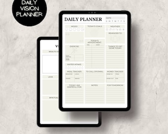 May include: A digital daily planner with sections for mood, goals, appointments, to-do list, water intake, meal tracker, calls, money tracker, notes, and gratitude. The planner is on a tablet with a white background.