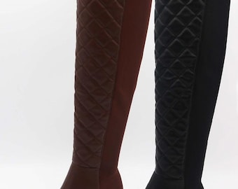 Knee High Boots - Quilted Tall Boots with Small Heel