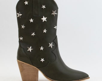 Star Studded Western Boots, Faux Leather Mid-Calf