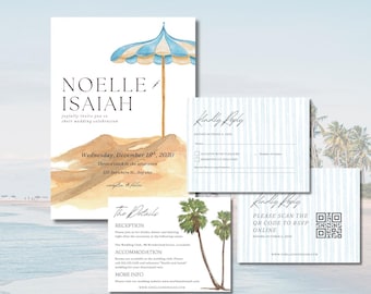 Beach Wedding Invitation Template, Coastal Watercolor Wedding Invite Suite, Editable Canva Wedding Invitation, Destination Wedding Invite
