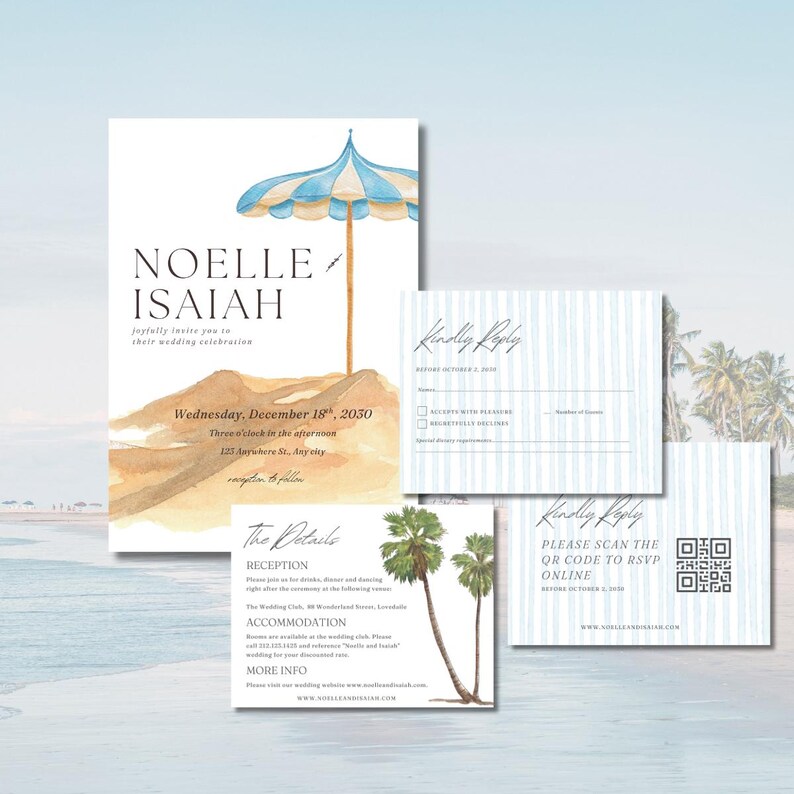 Beach Wedding Invitation Template, Coastal Watercolor Wedding Invite ...