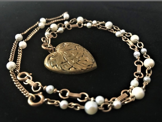 Antique Heart Necklace w/3 Vintage Pearl Bracelet… - image 9