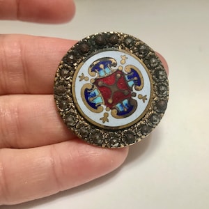 FRENCH/Spanish Champleve Button, Royal Court Button, Steel Studs, Handmade, Enameled, 1880, SCA Garb, Reenactment,  Royal Medallion, RARE