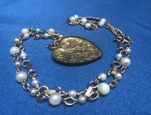 Antique Heart Necklace w/3 Vintage Pearl Bracelet… - image 5