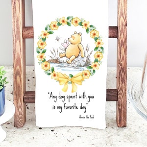 Classic Winnie-the-Pooh themed Tea Towel, Classic Pooh Honey Sentiment Kitchen Towel, Pooh Wreath Dish Towel, Friendship Gift Towel