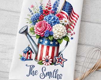 Patriotisk USA blommig vattenkanna kökshandduk: 4 juli-dekoration