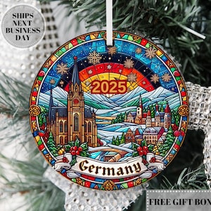 Germany Ceramic Ornament, Stained Glass Faux Effect (not real stained glass) German Christmas Ceramic Ornament,  Free Gift Box, Travel Gift