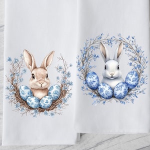 Easter Bunny Toile Chinoiserie Kitchen Towels, Rabbit Wreath Decorative Towels, Blue and White Toile Easter Eggs Kitchen Dish Towel