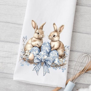 Easter Toile Chinoiserie Kitchen Towels, Bunny Rabbit Decorative Towels, Blue and White Toile Easter Eggs Kitchen Dish Towel, Easter Decor