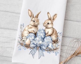 Easter Toile Chinoiserie Kitchen Towels, Bunny Rabbit Decorative Towels, Blue and White Toile Easter Eggs Kitchen Dish Towel, Easter Decor