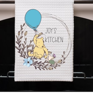 Classic Winnie-the-Pooh Custom Personalized Name themed Tea Towel, Classic Pooh Tea Towel, Waffle Weave, Dish Towel, Pooh Wreath Towel