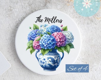 Personalized Set of 4 Hydrangea Ceramic Coasters, Custom Hydrangea Ginger Vase Coaster Set With Metal Holder, Round or Square Options