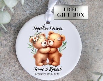 Personalized  Wedding Ceramic Ornament, Gloss Finish, Teddy Bear Together Friendship, Wedding, Anniversary, Custom Keepsake, Free Gift Box