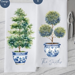 Personalized Toile Chinoiserie Kitchen Towels, Topiary Decorative Towels, Blue and White Toile Kitchen Dish Towel, Guest towel