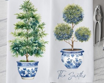 Personalized Toile Topiary Kitchen Towel: Blue and White Chinoiserie