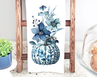 Chinoiserie Fall Pumpkin Kitchen Towel, Chinoiserie Autumn Hand Dish Tea Towels, Dish Towel, Fall Hostess Gift,  Cotton or Microfiber