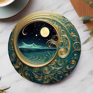 May include: A teal and gold decorative coaster with a night sky scene featuring a full moon, stars, and mountains. The coaster has an ornate, swirling design and a gold border. A cup of tea sits on a light blue saucer in the upper left corner.