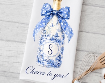 Toalla de cocina con monograma Toile para botella de champán, regalo para anfitriona con estampado Toile "Cheers to You"