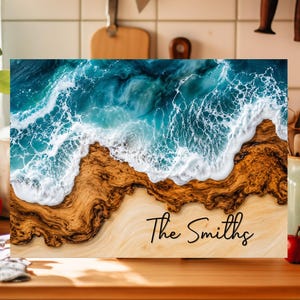 May include: A rectangular wooden art piece depicting an ocean scene. The top half shows turquoise waves with white foam, transitioning to a sandy beach and a brown wooden base. The text "The Smiths" is written in a cursive font.