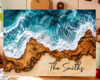 Tábua de corte personalizada em vidro temperado com tema de praia e mar: tábua de charcutaria com aparência de madeira para cozinha.