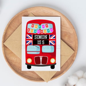 Cartão de aniversário personalizado com nome e idade para ônibus de Londres, cartão de ônibus de dois andares com nome personalizado, cartão-presente britânico para Londres, interior em branco