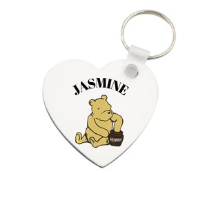 Classic Pooh Personalized Heart Shaped Keychain, Winnie-the-Pooh Heart Key Chain, Double sided design Key Ring.