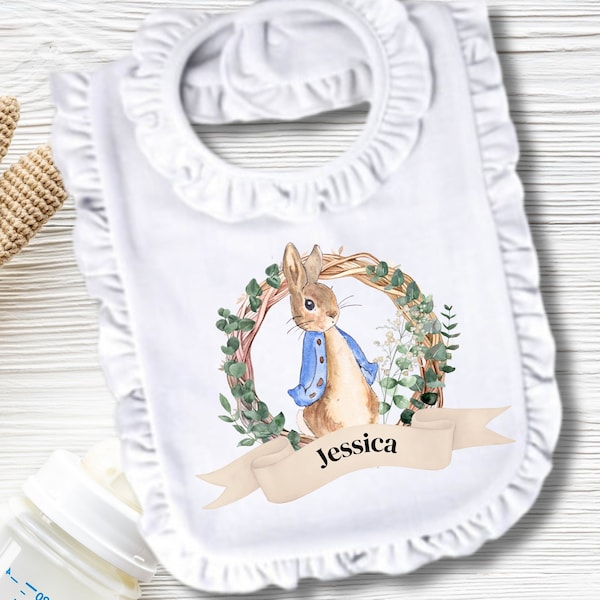 Personalized Peter Rabbit Baby Bibs Burp Cloths and Beanie Hats, Peter Rabbit Wreath Name, Baby Custom Name Baby Bib, Custom Baby