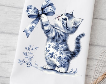 Chinoiserie Kitten Kitchen Towel: French Toile Cat, Delft Blue, Hand Tea Dish Towel Decor