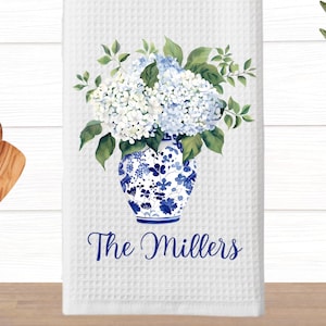 Personalized Blue Ginger Jar Hydrangea Dish Towel, Custom Blue Chinoiserie Kitchen Towel, Hydrangea Dish Towel, New Home Gift, Friend Gift