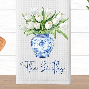 Blue Chinoiserie Tulips Kitchen Towels, Spring Toile Vase Decorative Towels, Farmhouse Kitchen Dish Towel, Single or Set, Friend Gift