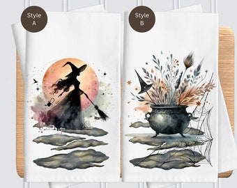 Halloween Witch Kitchen Towel, Silhouette Cauldron Halloween Hand Tea Dish Towels, Halloween Kitchen Tea Towel,  Fall Decor, Friend Gift