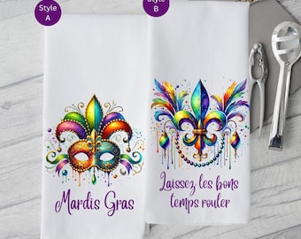 Mardi Gras Kitchen Towel: New Orleans Fleur-de-Lis, Mask Design, Hand Tea Dish Towel Decor