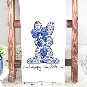 Happy Easter Bunny Toile Chinoiserie Kitchen Towels, Rabbit Decorative Towel, Blue and White Toile Easter Kitchen Dish Towel, Easter Decor