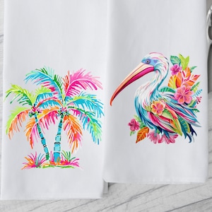 Tropical Pelican Tea Towel, Palm Tree Coastal Summer Dish Towel, Summer Paradise Dish Towel, Beach Vacation Towel, Hostess Gift, Beach House